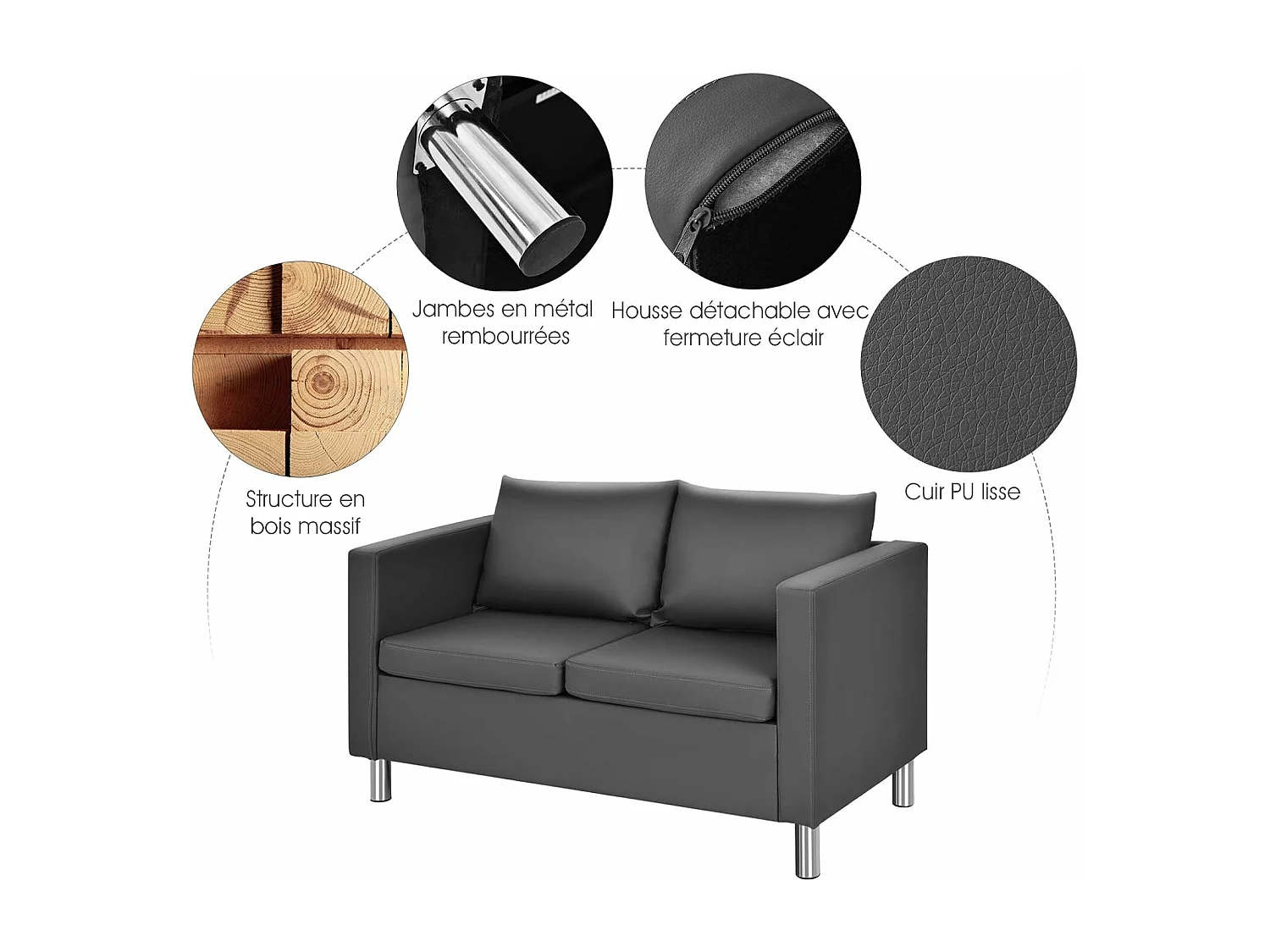 Canapé 2 Places Moderne en Cuir PU avec Coussin Souple et Pieds en Métal pour Salon,Réception,Chambre à Coucher,Bureau Gris