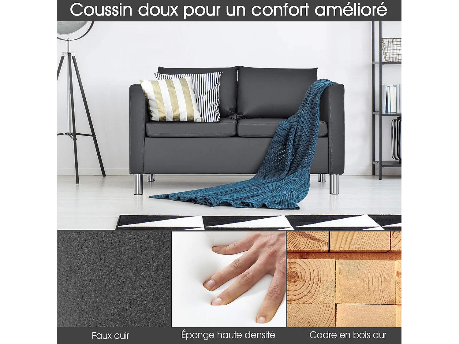 Canapé 2 Places Moderne en Cuir PU avec Coussin Souple et Pieds en Métal pour Salon,Réception,Chambre à Coucher,Bureau Gris