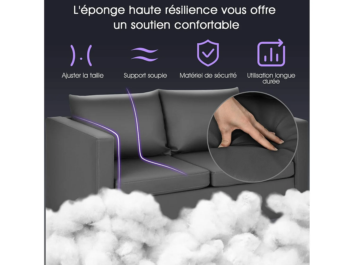 Canapé 2 Places Moderne en Cuir PU avec Coussin Souple et Pieds en Métal pour Salon,Réception,Chambre à Coucher,Bureau Gris