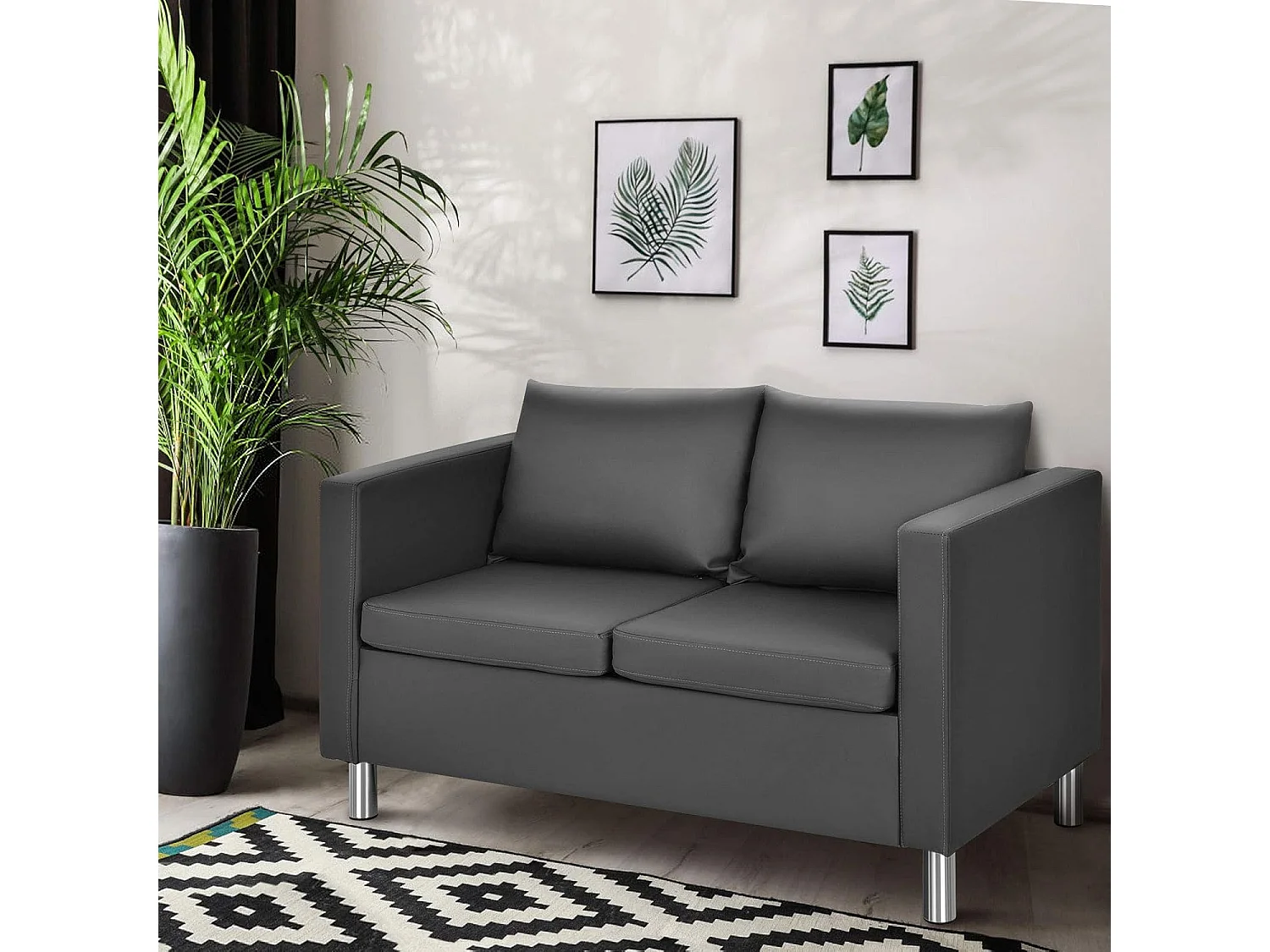 Canapé 2 Places Moderne en Cuir PU avec Coussin Souple et Pieds en Métal pour Salon,Réception,Chambre à Coucher,Bureau Gris