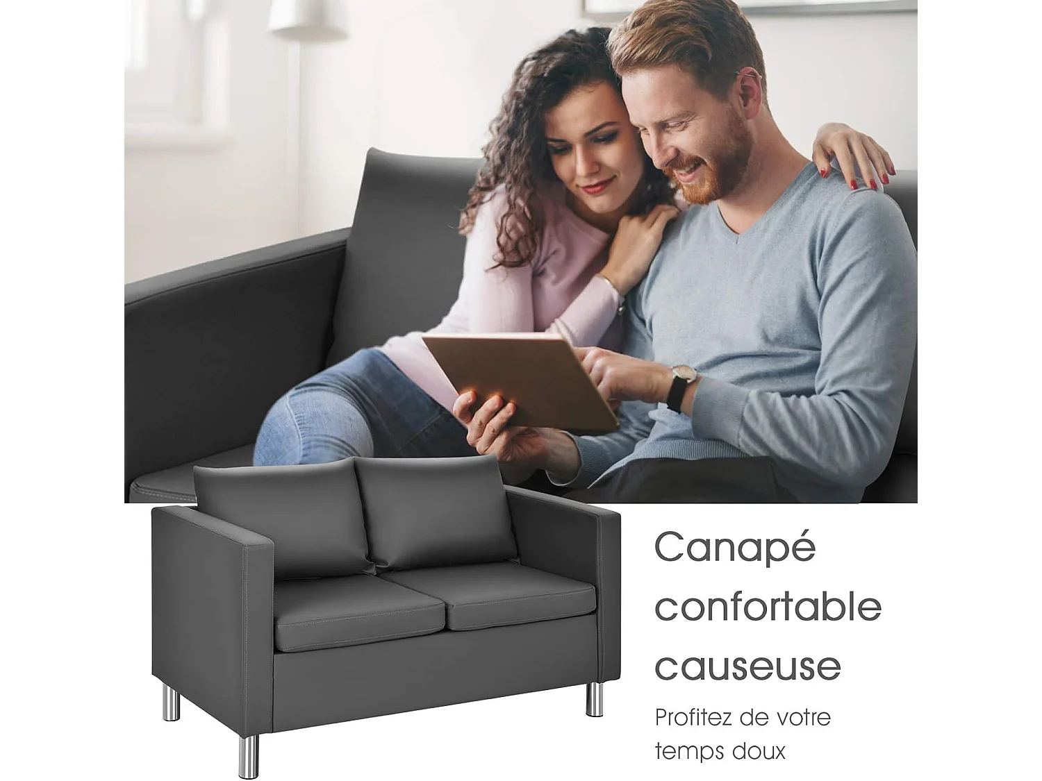 Canapé 2 Places Moderne en Cuir PU avec Coussin Souple et Pieds en Métal pour Salon,Réception,Chambre à Coucher,Bureau Gris