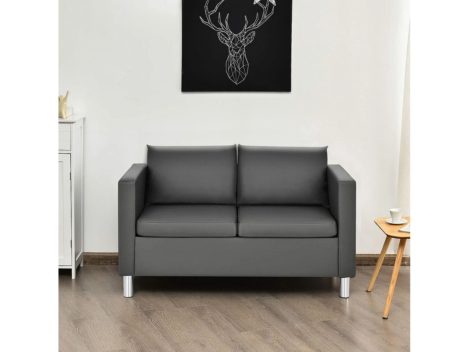 Canapé 2 Places Moderne en Cuir PU avec Coussin Souple et Pieds en Métal pour Salon,Réception,Chambre à Coucher,Bureau Gris