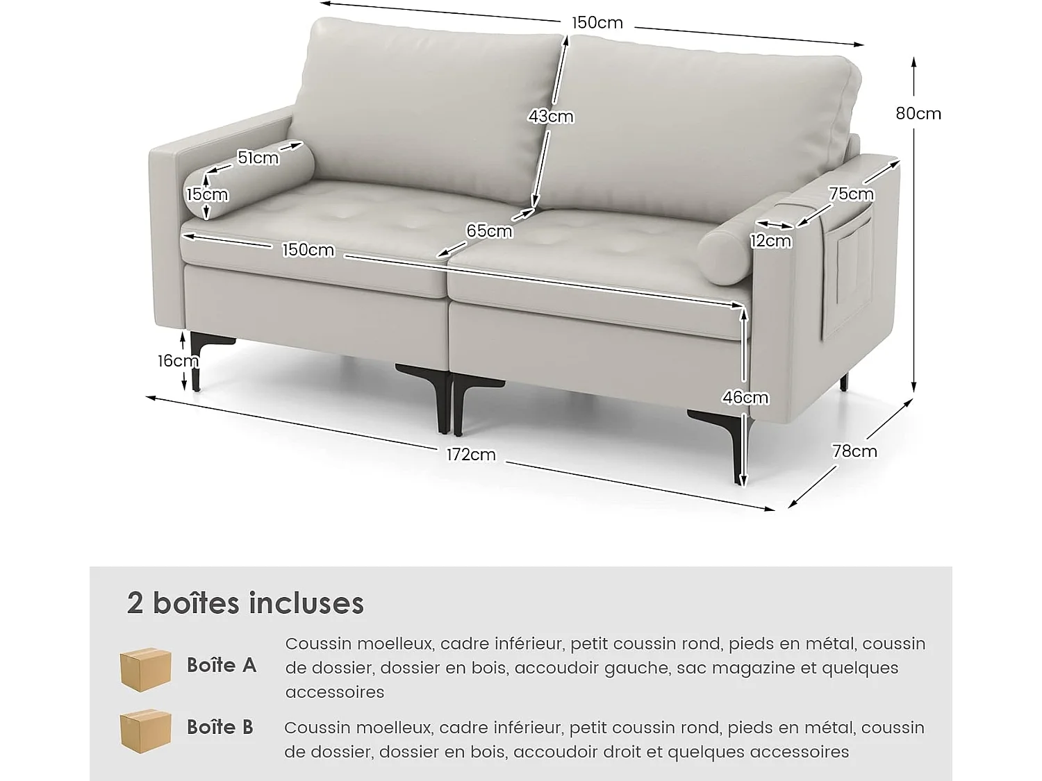 Canapé 2 Places, Canapé Droit avec Sac de Porte-Revue Latéral, Coussins et Oreiller Cylindrique Inclus, Canapé Moderne pour Salon, Chambre, Bureau