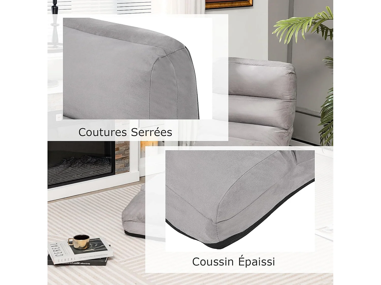 Opvouwbare faux suède woonkamer relaxfauteuil, verstelbaar in 5 posities gewatteerde ontspanningsstoel vloerfauteuil voor woonkamer, kantoormeubilair, slaapkamer (grijs)