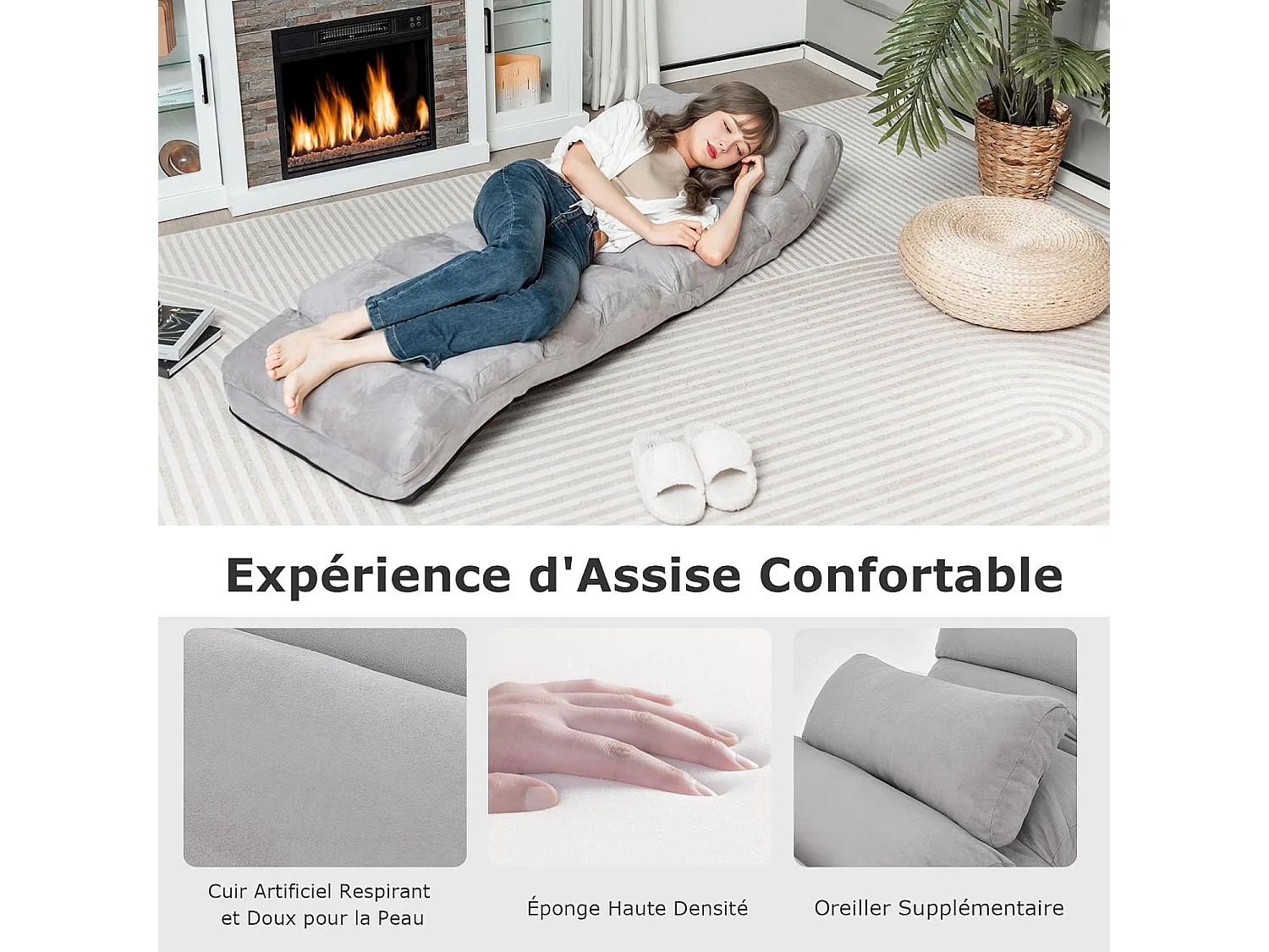 Opvouwbare faux suède woonkamer relaxfauteuil, verstelbaar in 5 posities gewatteerde ontspanningsstoel vloerfauteuil voor woonkamer, kantoormeubilair, slaapkamer (grijs)