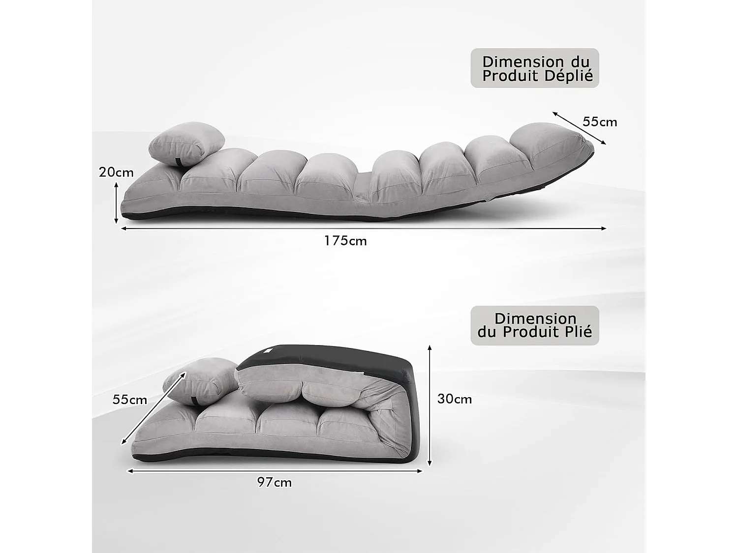 Opvouwbare faux suède woonkamer relaxfauteuil, verstelbaar in 5 posities gewatteerde ontspanningsstoel vloerfauteuil voor woonkamer, kantoormeubilair, slaapkamer (grijs)