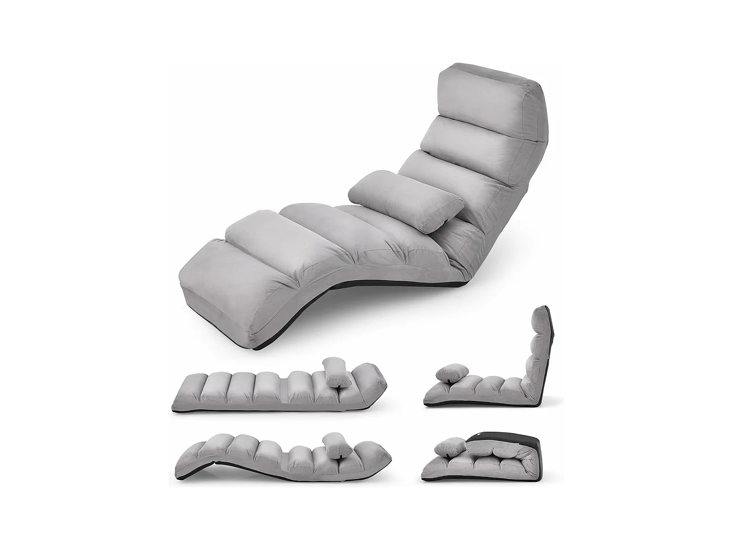 Fauteuil Relax Salon en Faux Daim Pliable, Réglable sur 5 Positions Chaise de Relaxation Rembourrée Fauteuil Sol pour Salon, Mobilier de Bureau, Chambre (Gris)