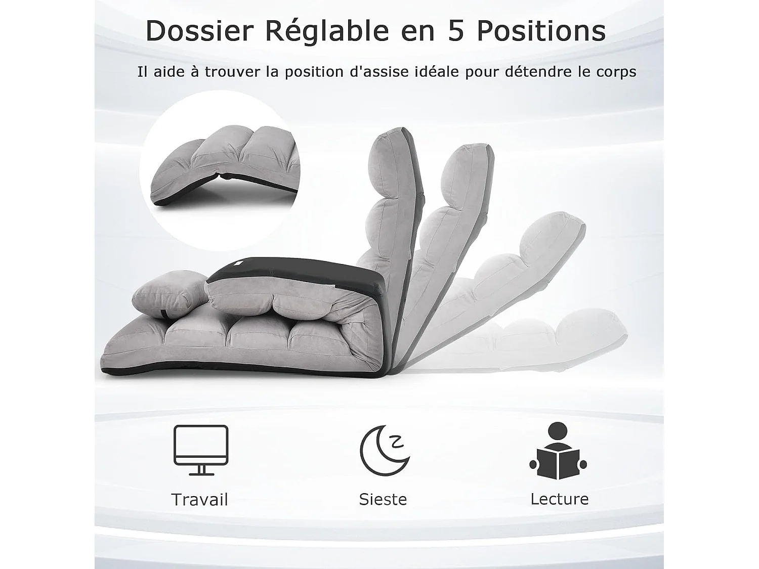 Opvouwbare faux suède woonkamer relaxfauteuil, verstelbaar in 5 posities gewatteerde ontspanningsstoel vloerfauteuil voor woonkamer, kantoormeubilair, slaapkamer (grijs)