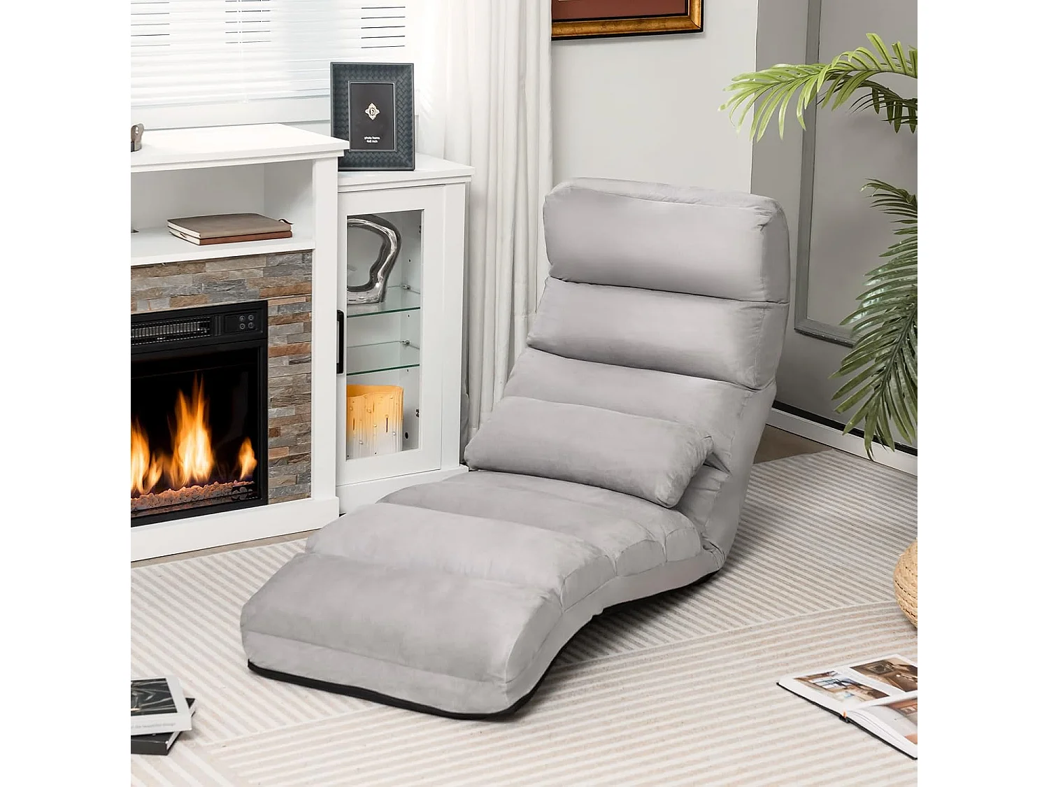 Opvouwbare faux suède woonkamer relaxfauteuil, verstelbaar in 5 posities gewatteerde ontspanningsstoel vloerfauteuil voor woonkamer, kantoormeubilair, slaapkamer (grijs)