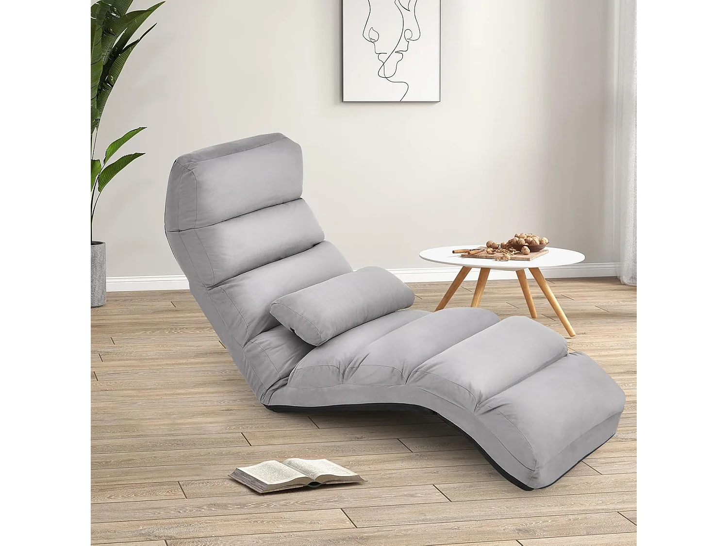 Opvouwbare faux suède woonkamer relaxfauteuil, verstelbaar in 5 posities gewatteerde ontspanningsstoel vloerfauteuil voor woonkamer, kantoormeubilair, slaapkamer (grijs)