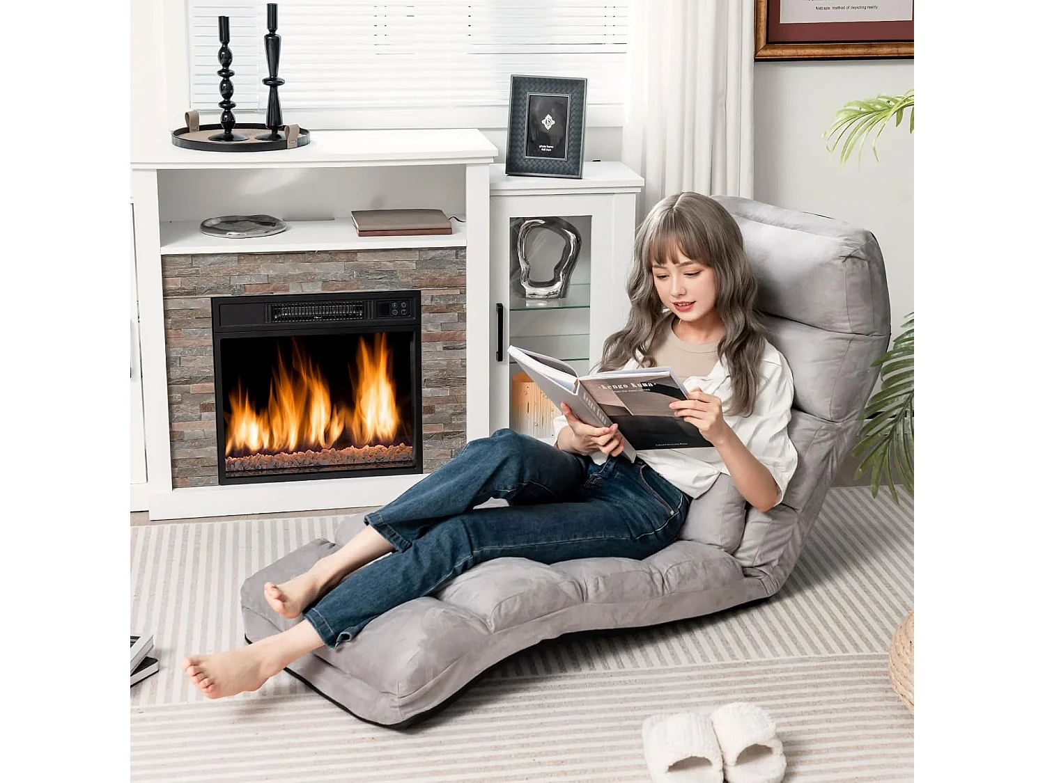 Opvouwbare faux suède woonkamer relaxfauteuil, verstelbaar in 5 posities gewatteerde ontspanningsstoel vloerfauteuil voor woonkamer, kantoormeubilair, slaapkamer (grijs)