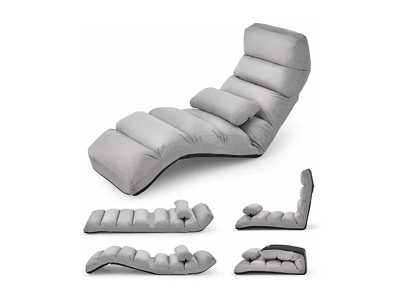 Fauteuil Relax Salon en Faux Daim Pliable, Réglable sur 5 Positions Chaise de Relaxation Rembourrée Fauteuil Sol pour Salon, Mobilier de Bureau, Chambre (Gris)