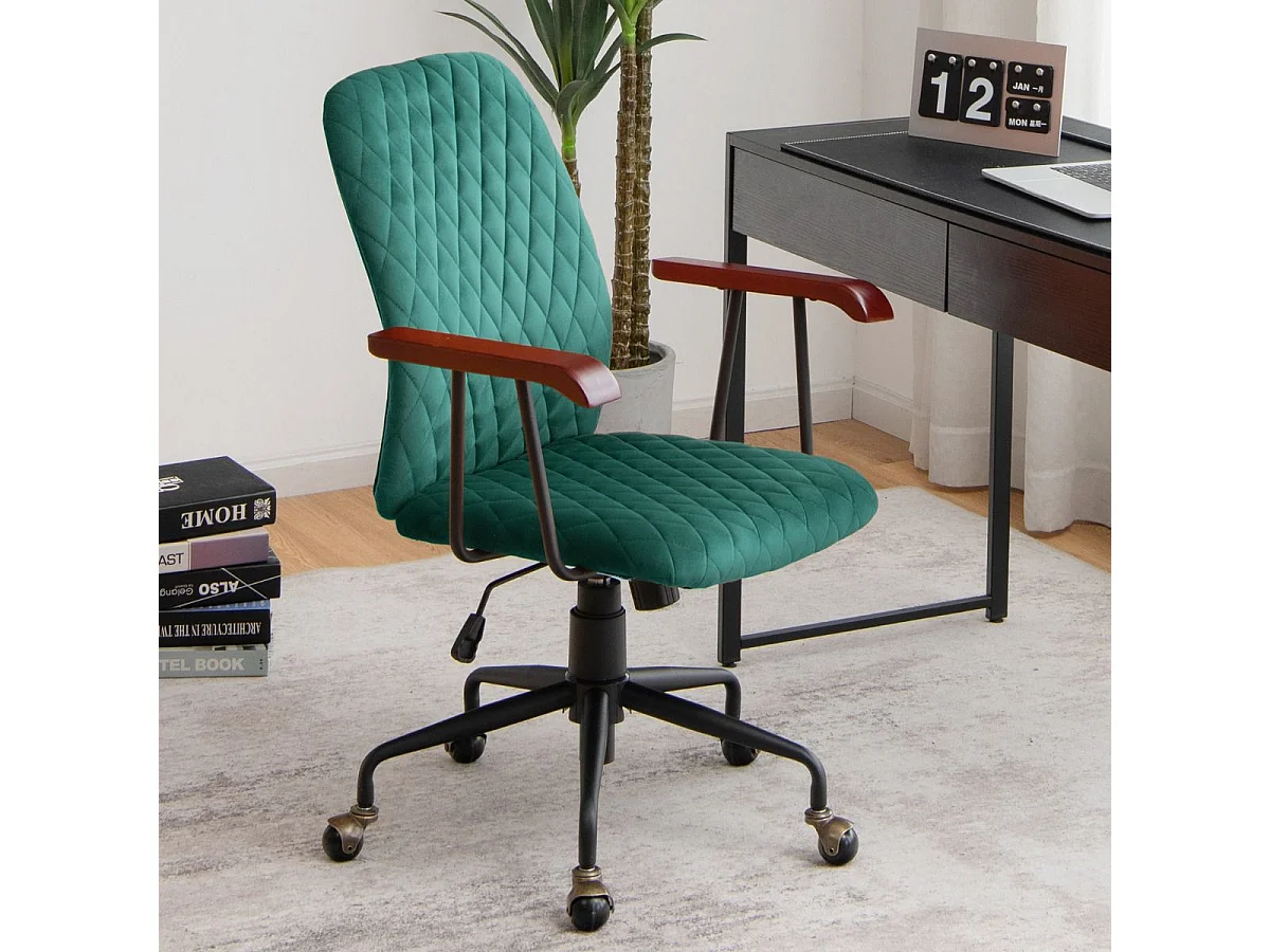 Fauteuil de Bureau à Roulette en Velours, Chaise Pivotante Réglable,Style Vintage Elégant,Accoudoirs en Bois de Caoutchouc, Vert