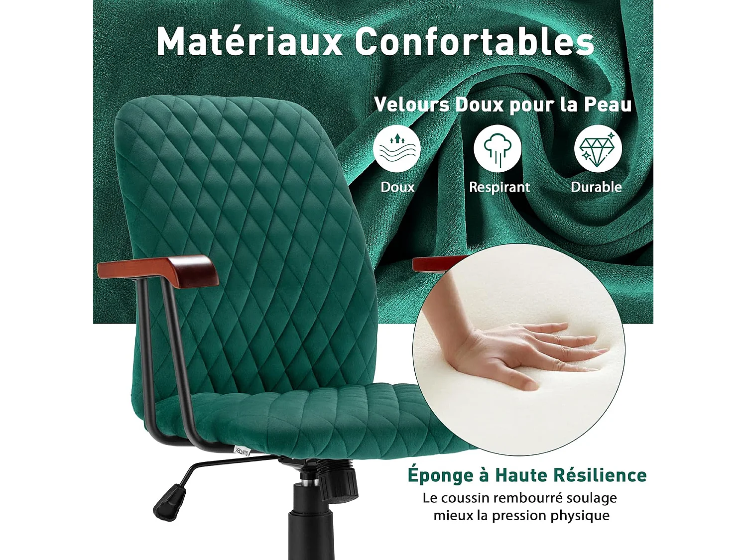 Fauteuil de Bureau à Roulette en Velours, Chaise Pivotante Réglable,Style Vintage Elégant,Accoudoirs en Bois de Caoutchouc, Vert