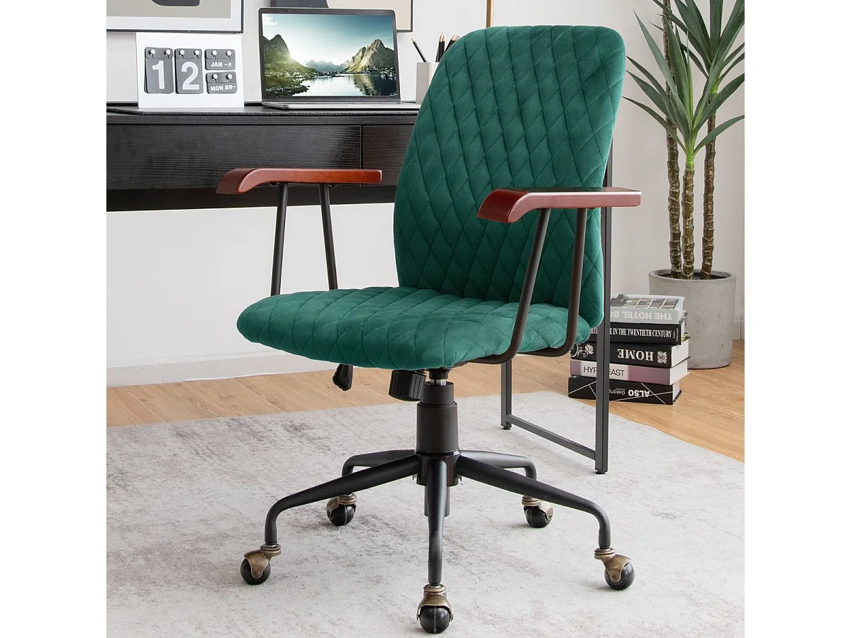Fauteuil de Bureau à Roulette en Velours, Chaise Pivotante Réglable,Style Vintage Elégant,Accoudoirs en Bois de Caoutchouc, Vert