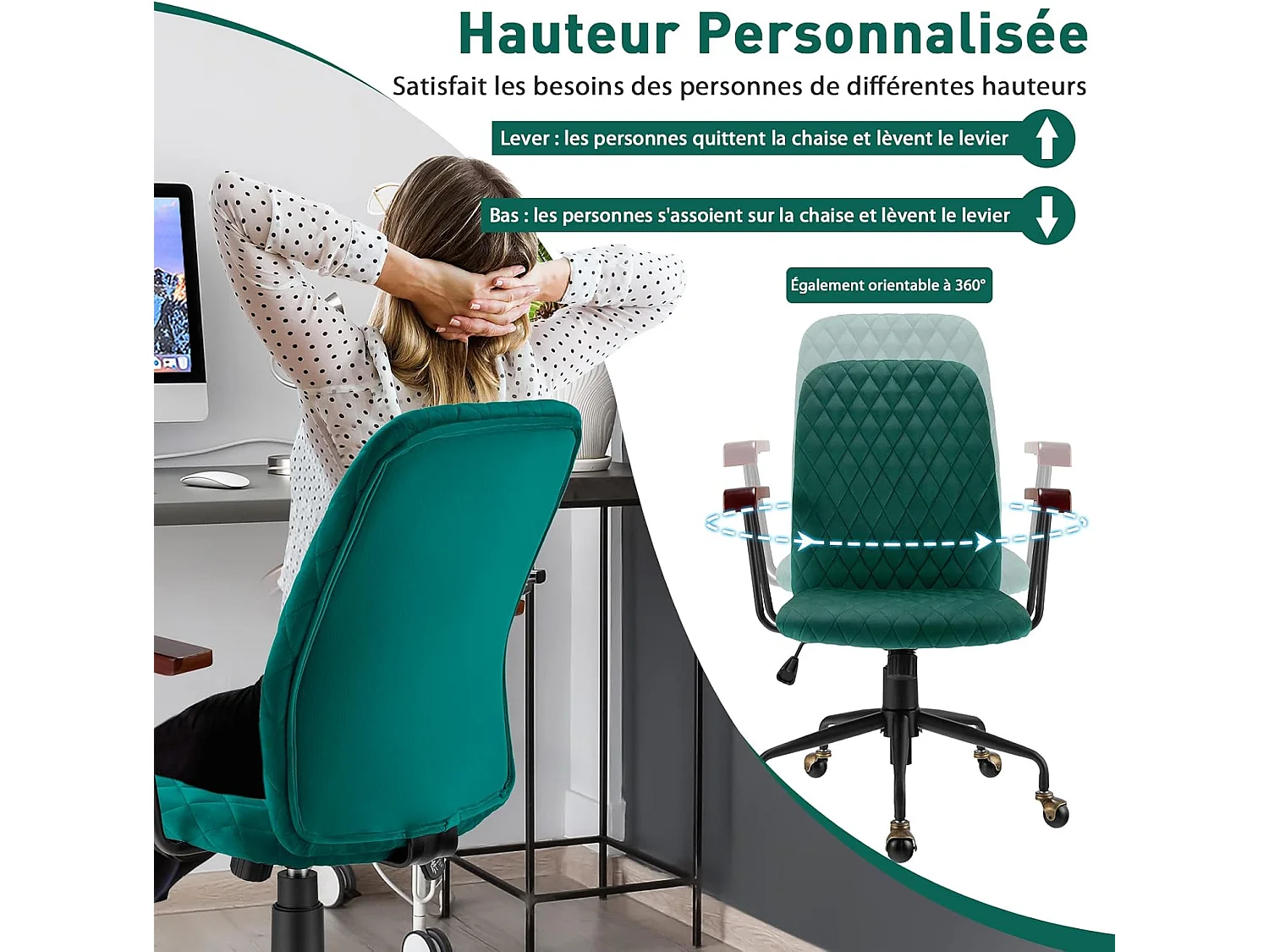 Fauteuil de Bureau à Roulette en Velours, Chaise Pivotante Réglable,Style Vintage Elégant,Accoudoirs en Bois de Caoutchouc, Vert