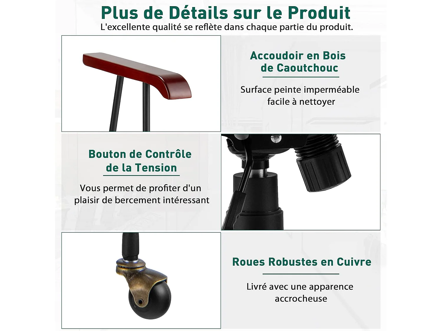 Fauteuil de Bureau à Roulette en Velours, Chaise Pivotante Réglable,Style Vintage Elégant,Accoudoirs en Bois de Caoutchouc, Vert