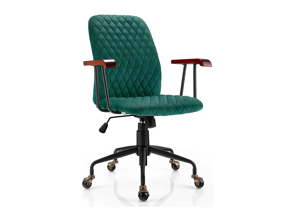 Fauteuil de Bureau à Roulette en Velours, Chaise Pivotante Réglable,Style Vintage Elégant,Accoudoirs en Bois de Caoutchouc, Vert