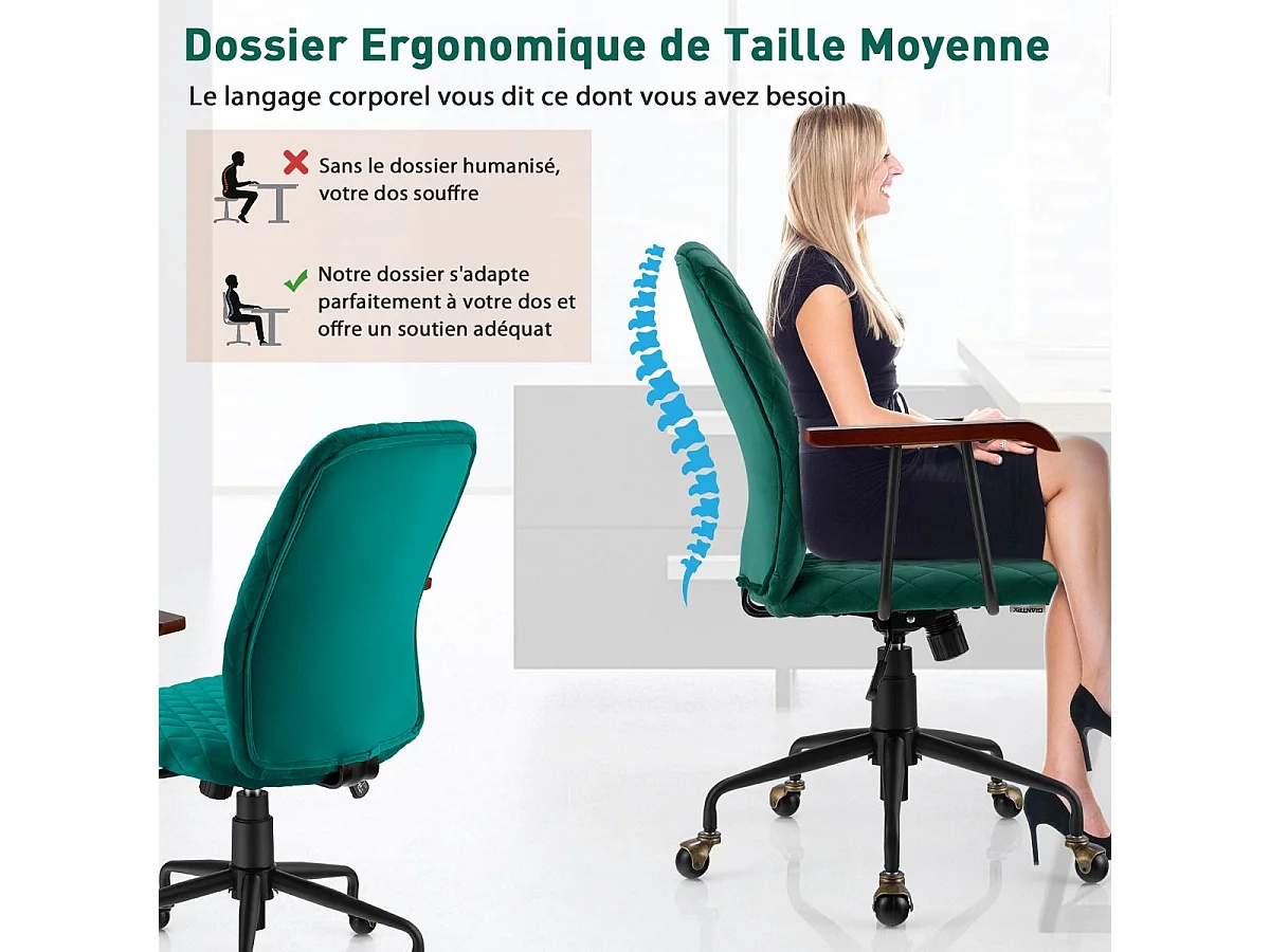 Fauteuil de Bureau à Roulette en Velours, Chaise Pivotante Réglable,Style Vintage Elégant,Accoudoirs en Bois de Caoutchouc, Vert