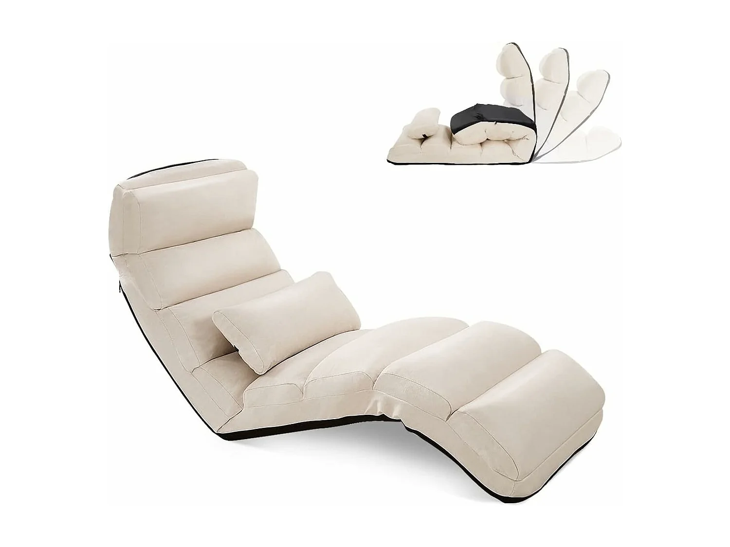 Fauteuil Relax Salon en Faux Daim Pliable, Réglable sur 5 Positions Chaise de Relaxation Rembourrée Fauteuil Sol pour Salon, Mobilier de Bureau, Chambre, Beige