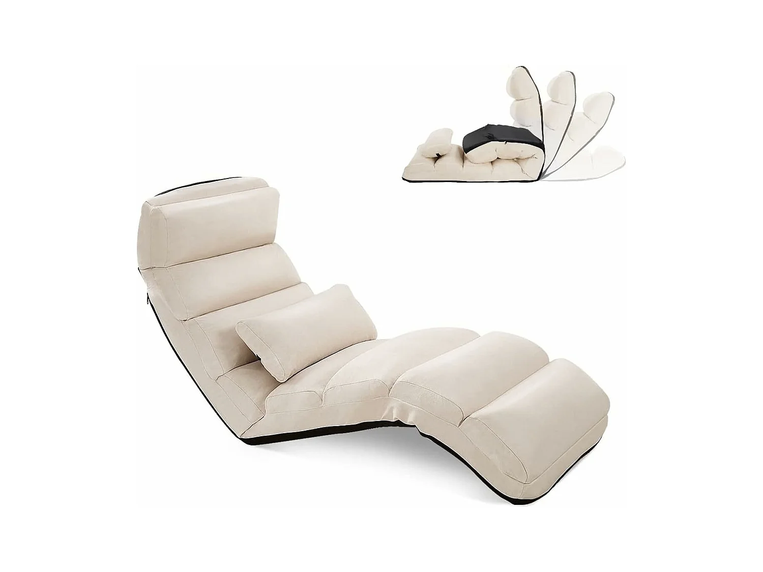 Fauteuil Relax Salon en Faux Daim Pliable, Réglable sur 5 Positions Chaise de Relaxation Rembourrée Fauteuil Sol pour Salon, Mobilier de Bureau, Chambre, Beige