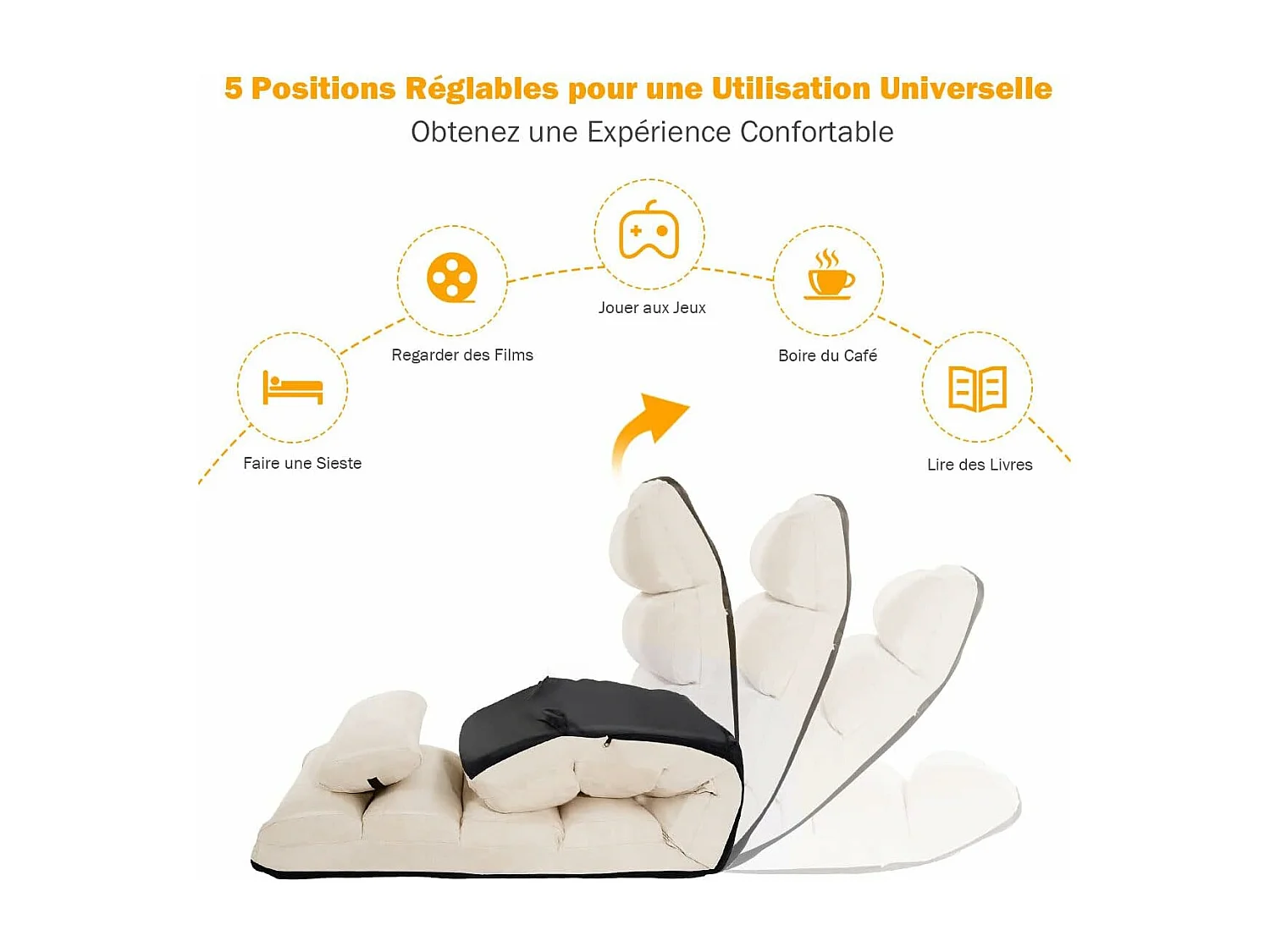 Fauteuil Relax Salon en Faux Daim Pliable, Réglable sur 5 Positions Chaise de Relaxation Rembourrée Fauteuil Sol pour Salon, Mobilier de Bureau, Chambre, Beige