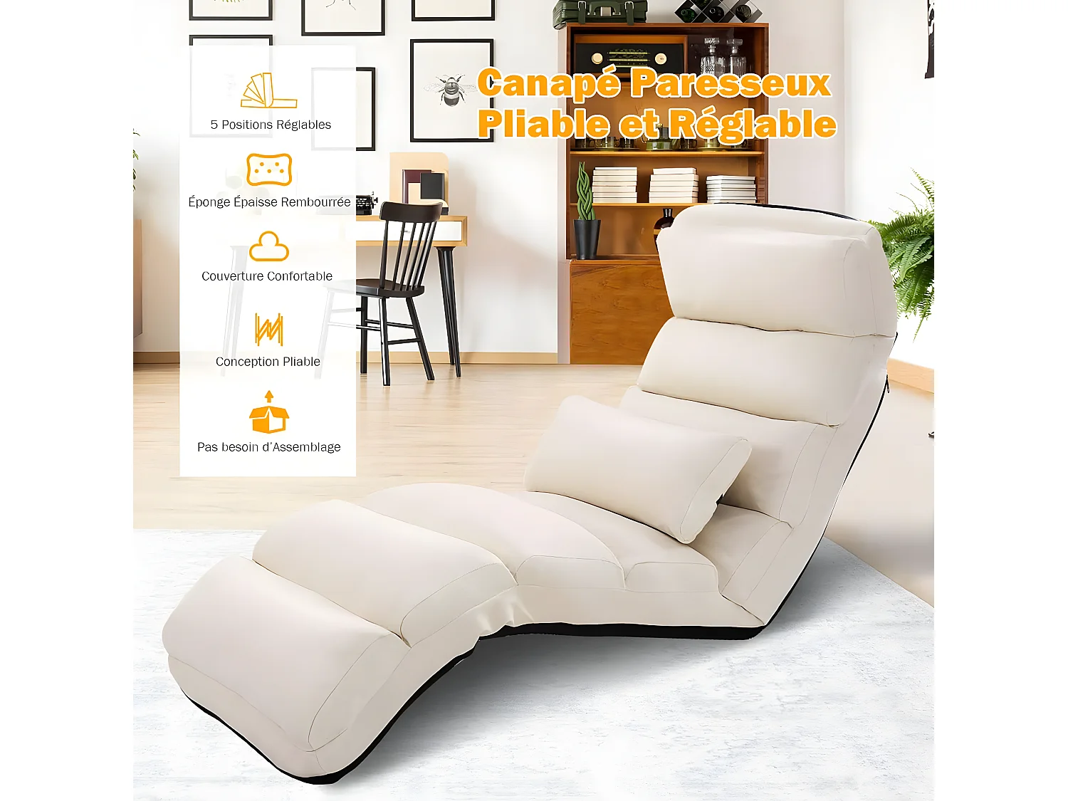 Fauteuil Relax Salon en Faux Daim Pliable, Réglable sur 5 Positions Chaise de Relaxation Rembourrée Fauteuil Sol pour Salon, Mobilier de Bureau, Chambre, Beige