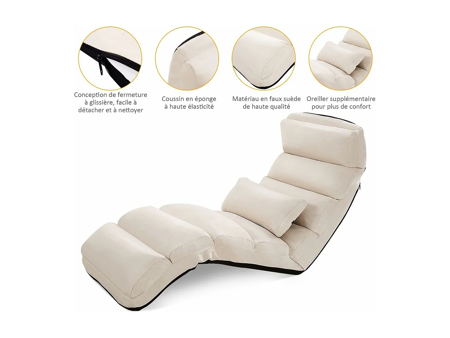 Fauteuil Relax Salon en Faux Daim Pliable, Réglable sur 5 Positions Chaise de Relaxation Rembourrée Fauteuil Sol pour Salon, Mobilier de Bureau, Chambre, Beige