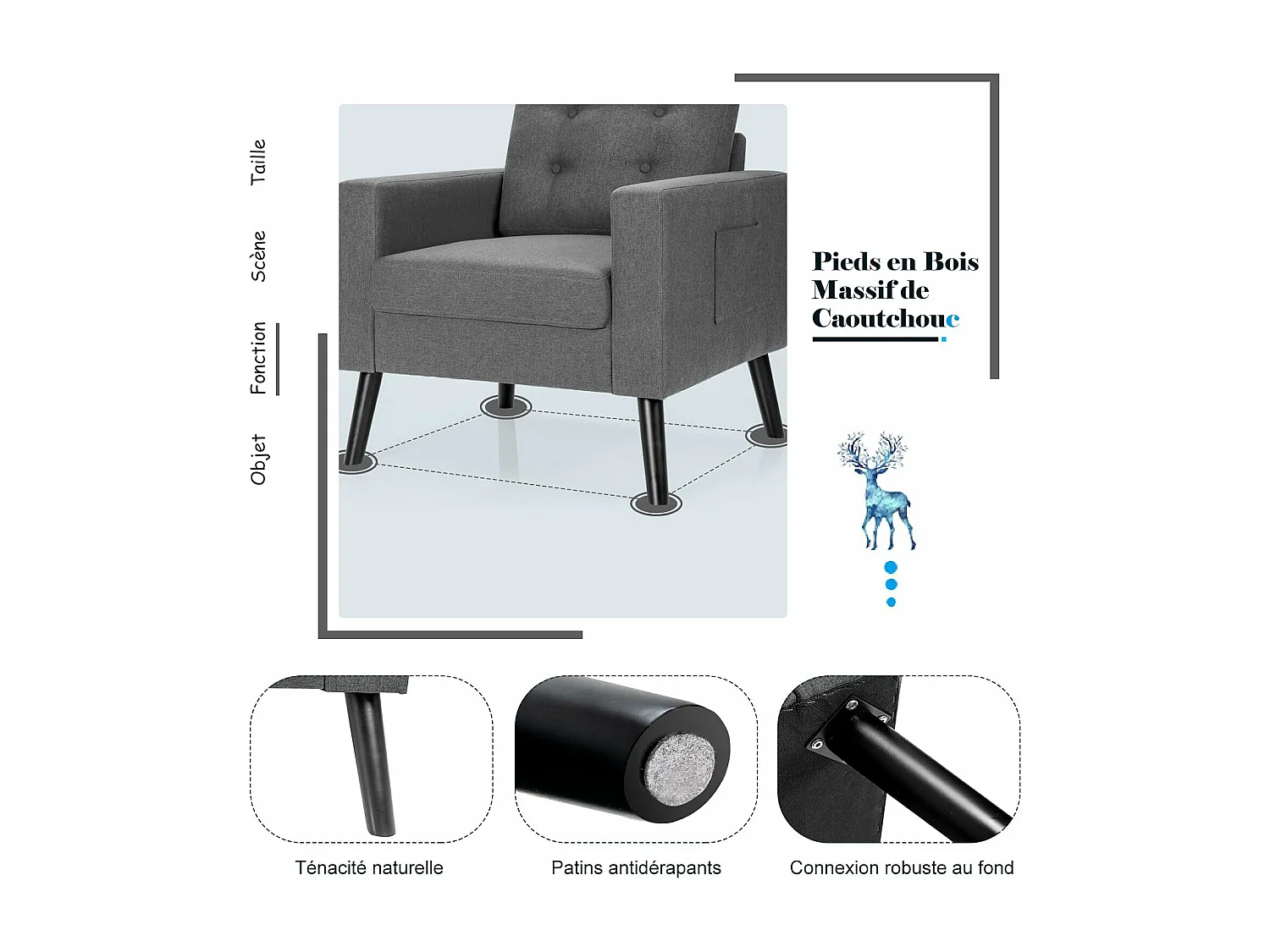 Fauteuil de Salon 1 Personne, Style Scandinave, Canapé 1 Place avec Pieds Bois d’Hévéa, 2 Poches Latérales, pour Salon, Bureau, Profondeur d'assise 53 cm (Gris)