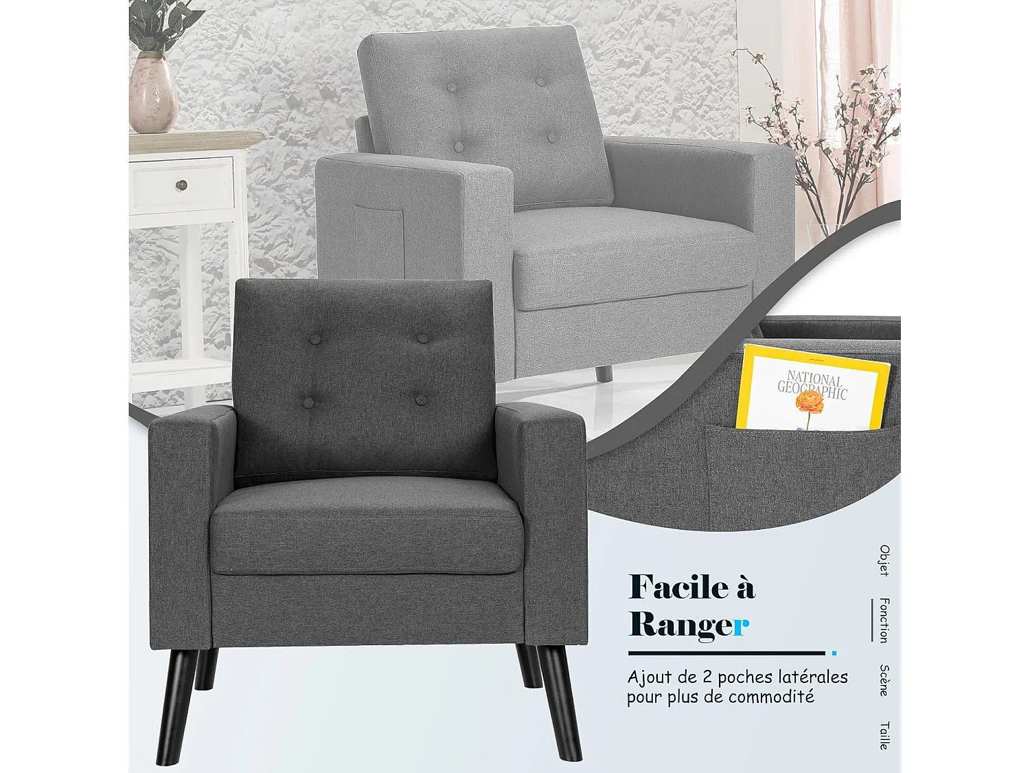 Fauteuil de Salon 1 Personne, Style Scandinave, Canapé 1 Place avec Pieds Bois d’Hévéa, 2 Poches Latérales, pour Salon, Bureau, Profondeur d'assise 53 cm (Gris)