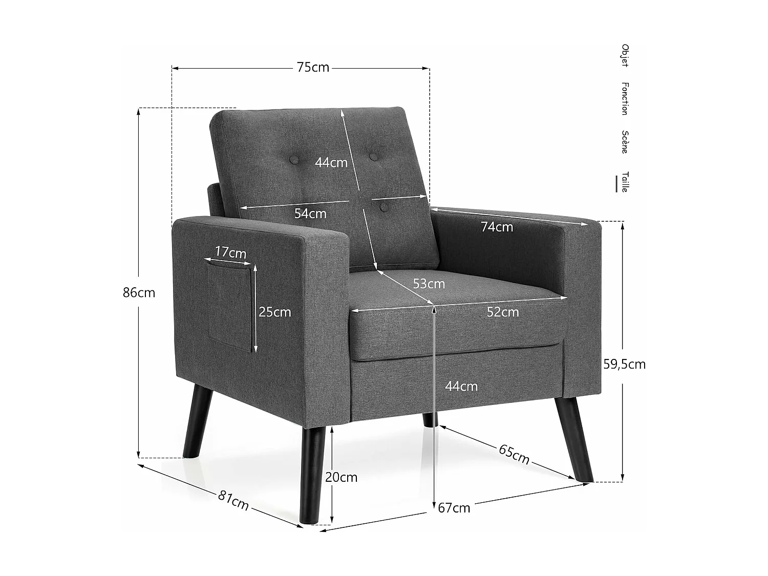 Fauteuil de Salon 1 Personne, Style Scandinave, Canapé 1 Place avec Pieds Bois d’Hévéa, 2 Poches Latérales, pour Salon, Bureau, Profondeur d'assise 53 cm (Gris)