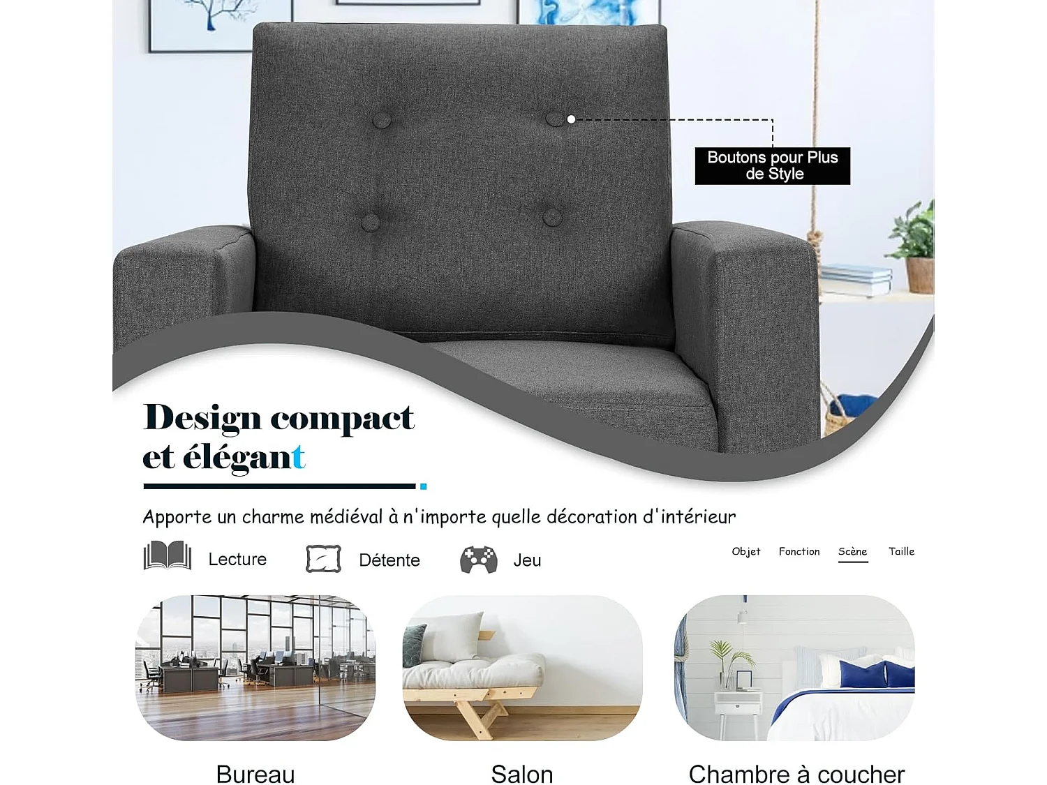 Fauteuil de Salon 1 Personne, Style Scandinave, Canapé 1 Place avec Pieds Bois d’Hévéa, 2 Poches Latérales, pour Salon, Bureau, Profondeur d'assise 53 cm (Gris)