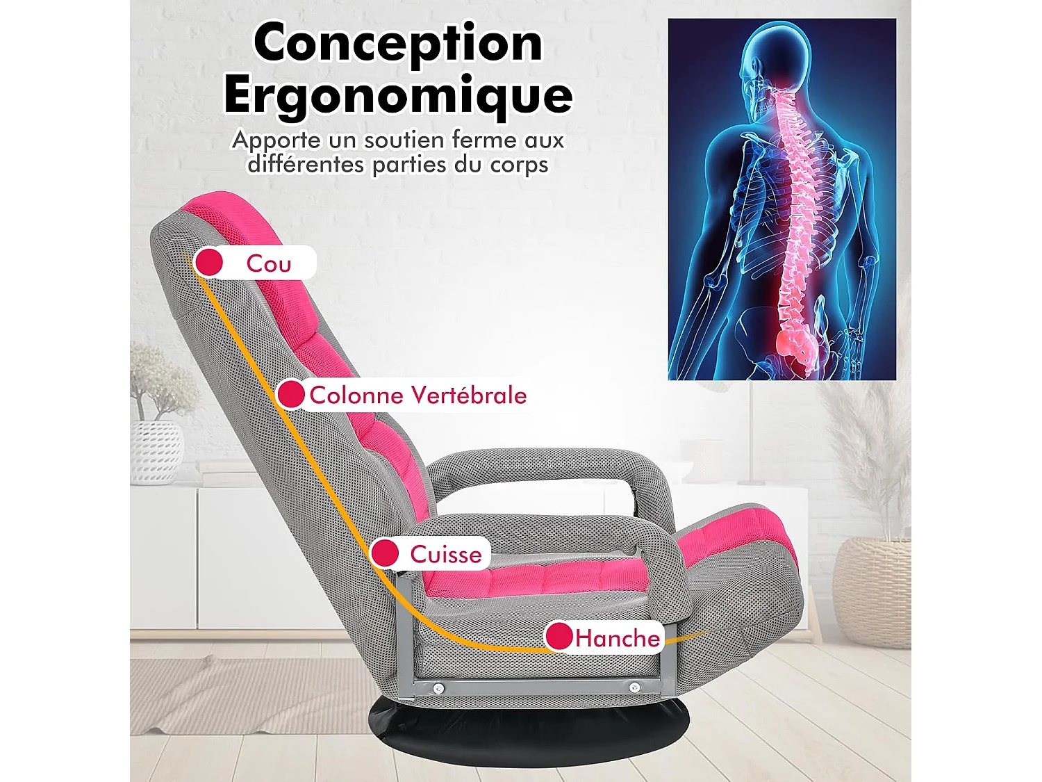 Fauteuil Pliable de Sol,Chaise de Jeu avec Dossier Réglable sur 6 Positions et Base Pivotante à 360°, Cadre en Fer Robuste Rose