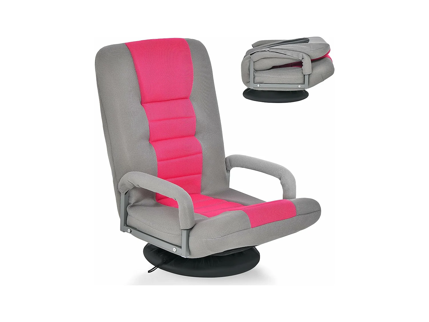 Fauteuil Pliable de Sol,Chaise de Jeu avec Dossier Réglable sur 6 Positions et Base Pivotante à 360°, Cadre en Fer Robuste Rose