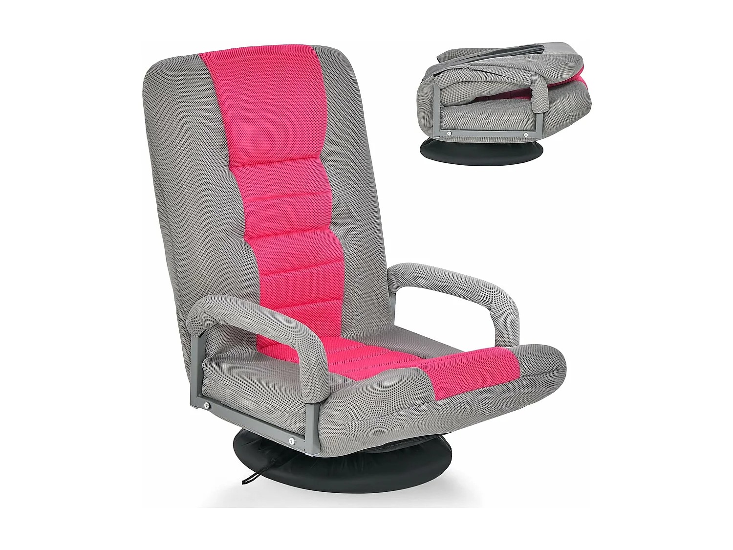 Fauteuil Pliable de Sol,Chaise de Jeu avec Dossier Réglable sur 6 Positions et Base Pivotante à 360°, Cadre en Fer Robuste Rose