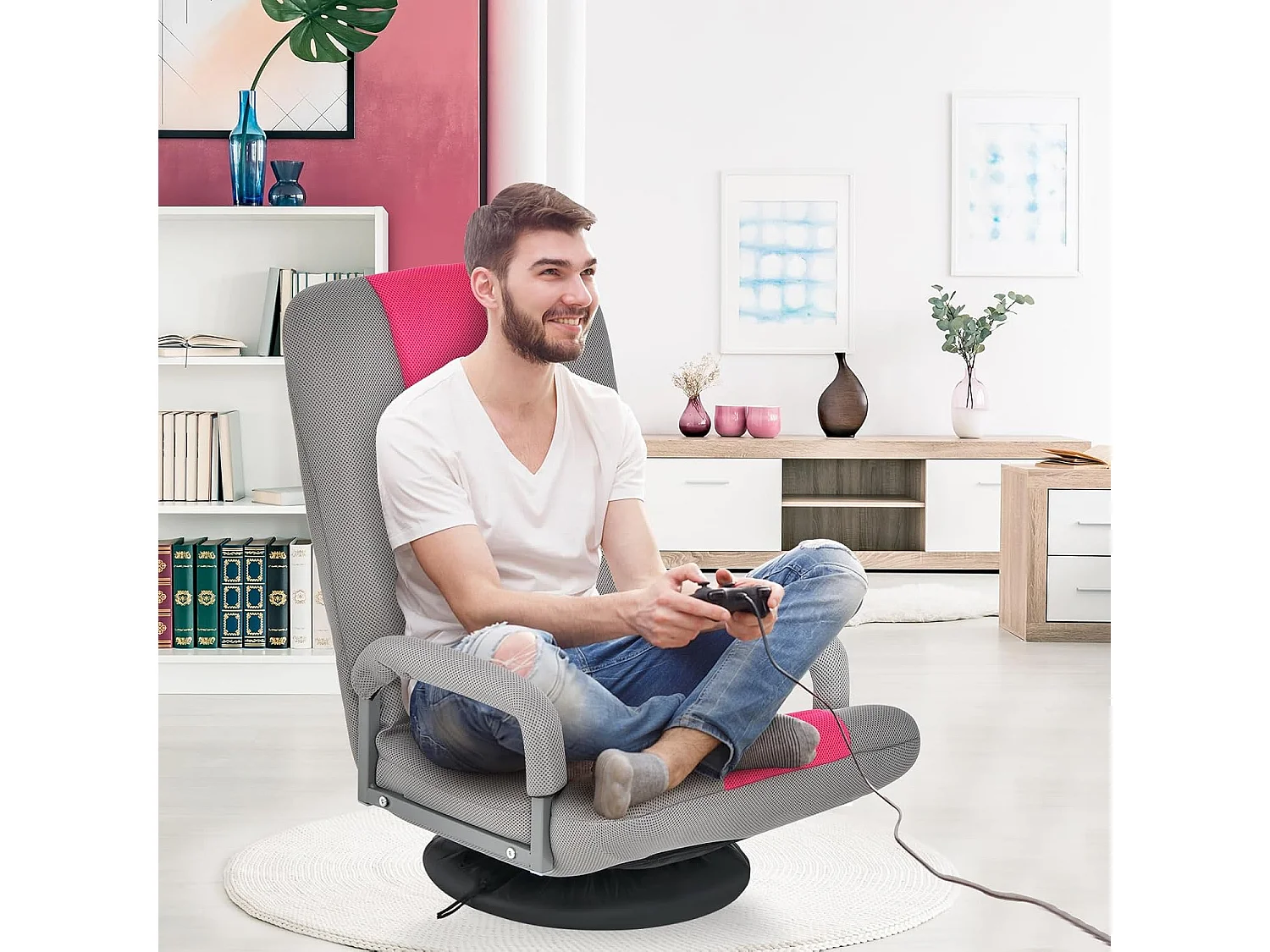 Fauteuil Pliable de Sol,Chaise de Jeu avec Dossier Réglable sur 6 Positions et Base Pivotante à 360°, Cadre en Fer Robuste Rose