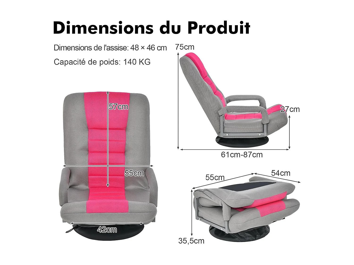 Fauteuil Pliable de Sol,Chaise de Jeu avec Dossier Réglable sur 6 Positions et Base Pivotante à 360°, Cadre en Fer Robuste Rose
