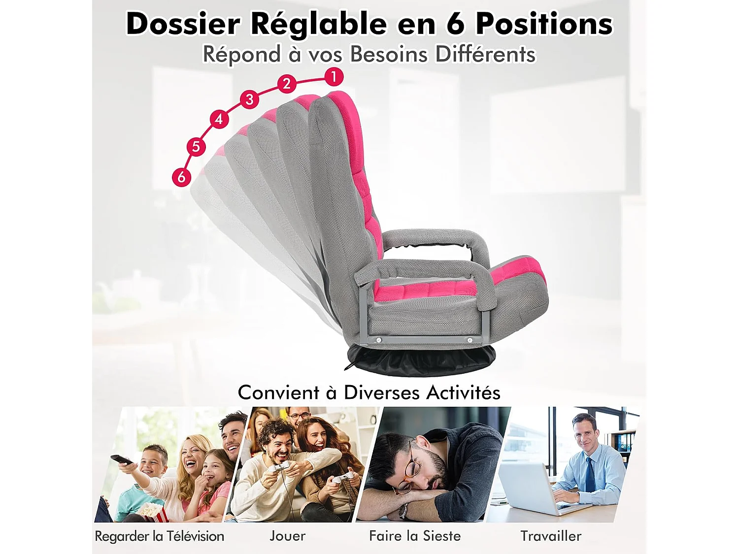 Fauteuil Pliable de Sol,Chaise de Jeu avec Dossier Réglable sur 6 Positions et Base Pivotante à 360°, Cadre en Fer Robuste Rose
