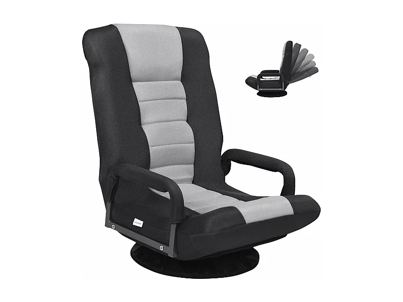 Fauteuil Pliable de Sol,Chaise de Jeu avec Dossier Réglable sur 6 Positions et Base Pivotante à 360°, Cadre en Fer Robuste Gris