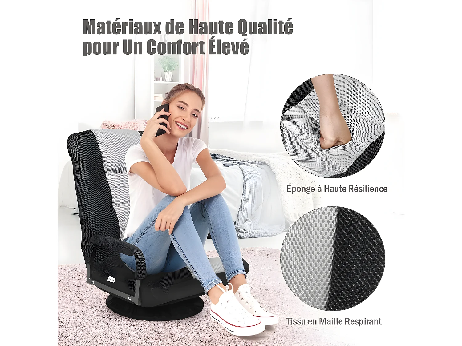 Fauteuil Pliable de Sol,Chaise de Jeu avec Dossier Réglable sur 6 Positions et Base Pivotante à 360°, Cadre en Fer Robuste Gris