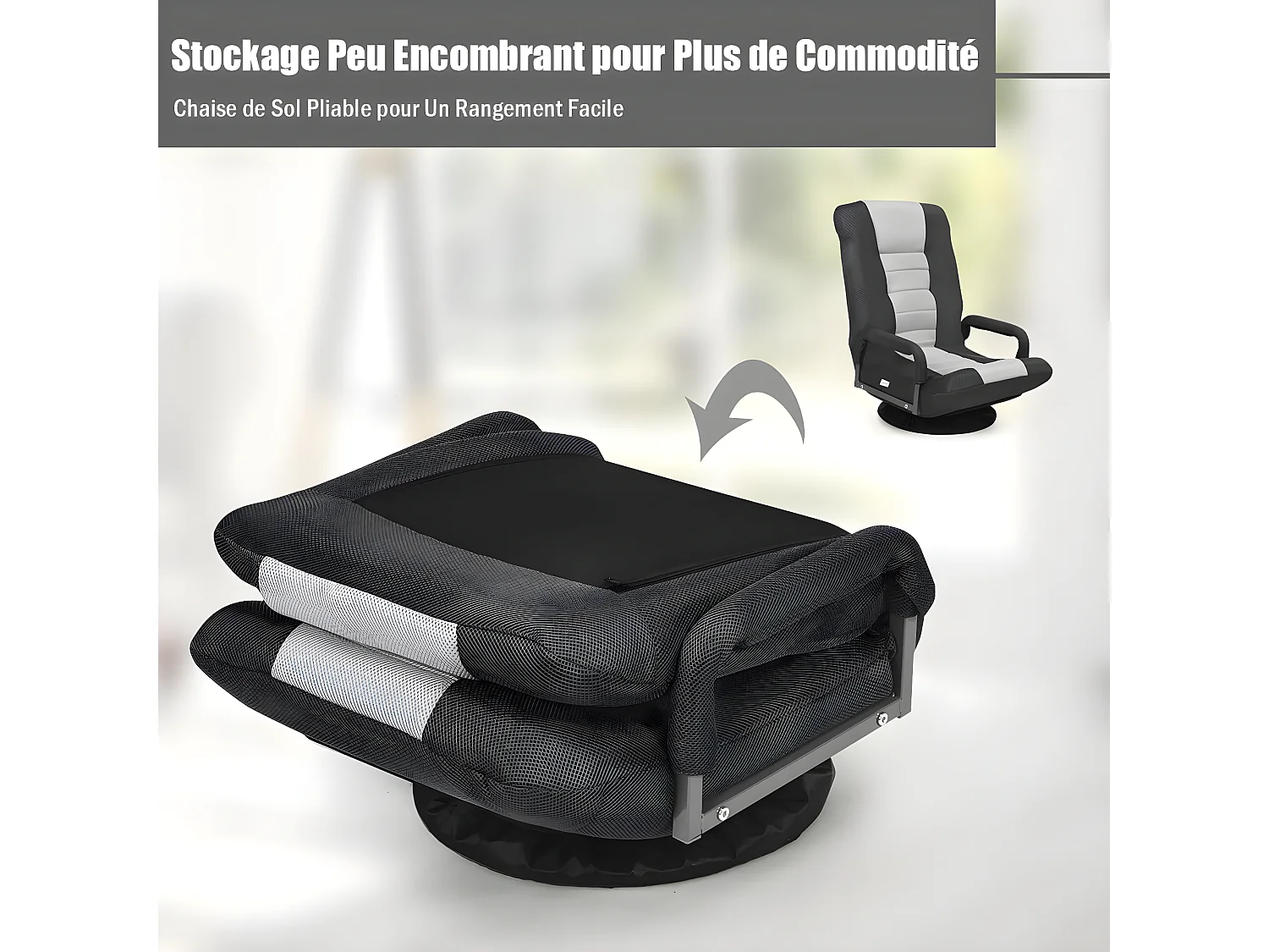 Fauteuil Pliable de Sol,Chaise de Jeu avec Dossier Réglable sur 6 Positions et Base Pivotante à 360°, Cadre en Fer Robuste Gris