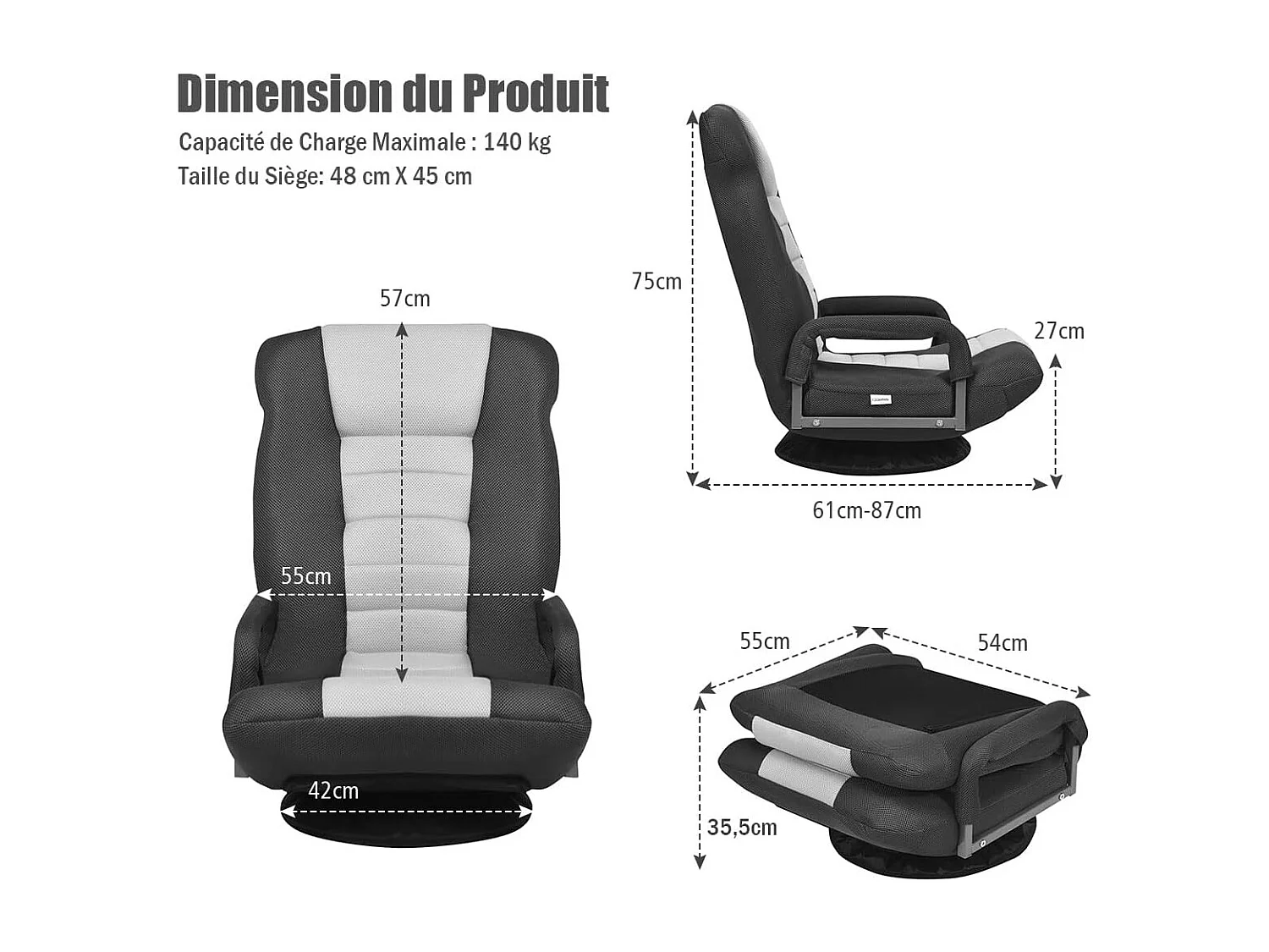 Fauteuil Pliable de Sol,Chaise de Jeu avec Dossier Réglable sur 6 Positions et Base Pivotante à 360°, Cadre en Fer Robuste Gris