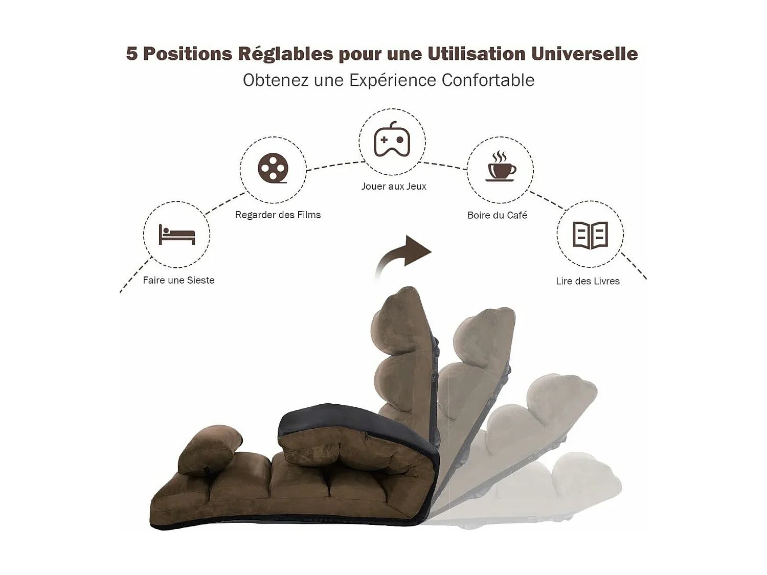 Fauteuil Relax Salon en Faux Daim Pliable, Réglable sur 5 Positions Chaise de Relaxation Rembourrée Fauteuil Sol pour Salon, Mobilier de Bureau, Chambre, Marron