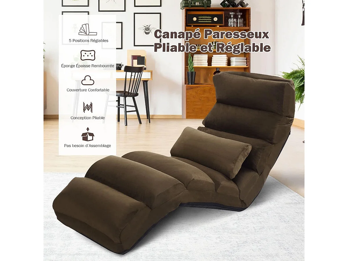Fauteuil Relax Salon en Faux Daim Pliable, Réglable sur 5 Positions Chaise de Relaxation Rembourrée Fauteuil Sol pour Salon, Mobilier de Bureau, Chambre, Marron