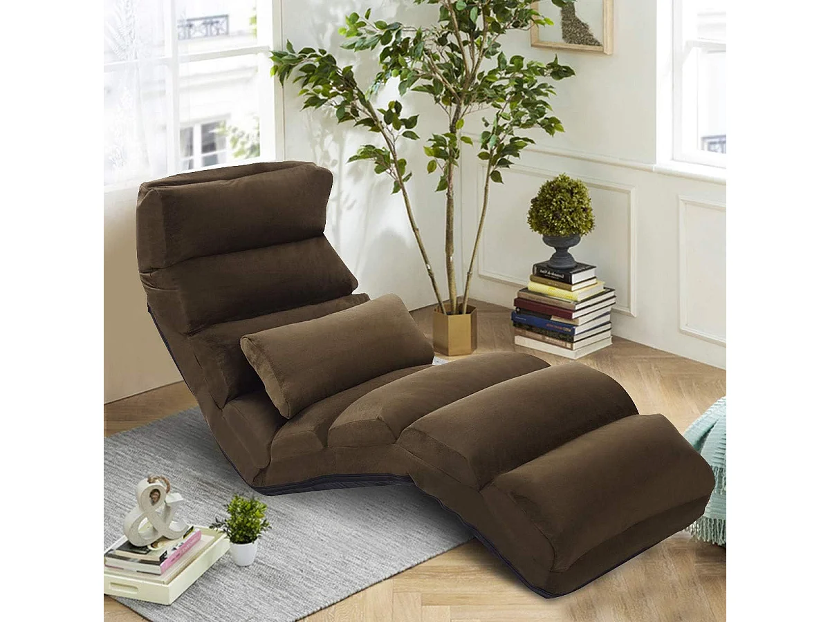 Fauteuil Relax Salon en Faux Daim Pliable, Réglable sur 5 Positions Chaise de Relaxation Rembourrée Fauteuil Sol pour Salon, Mobilier de Bureau, Chambre, Marron