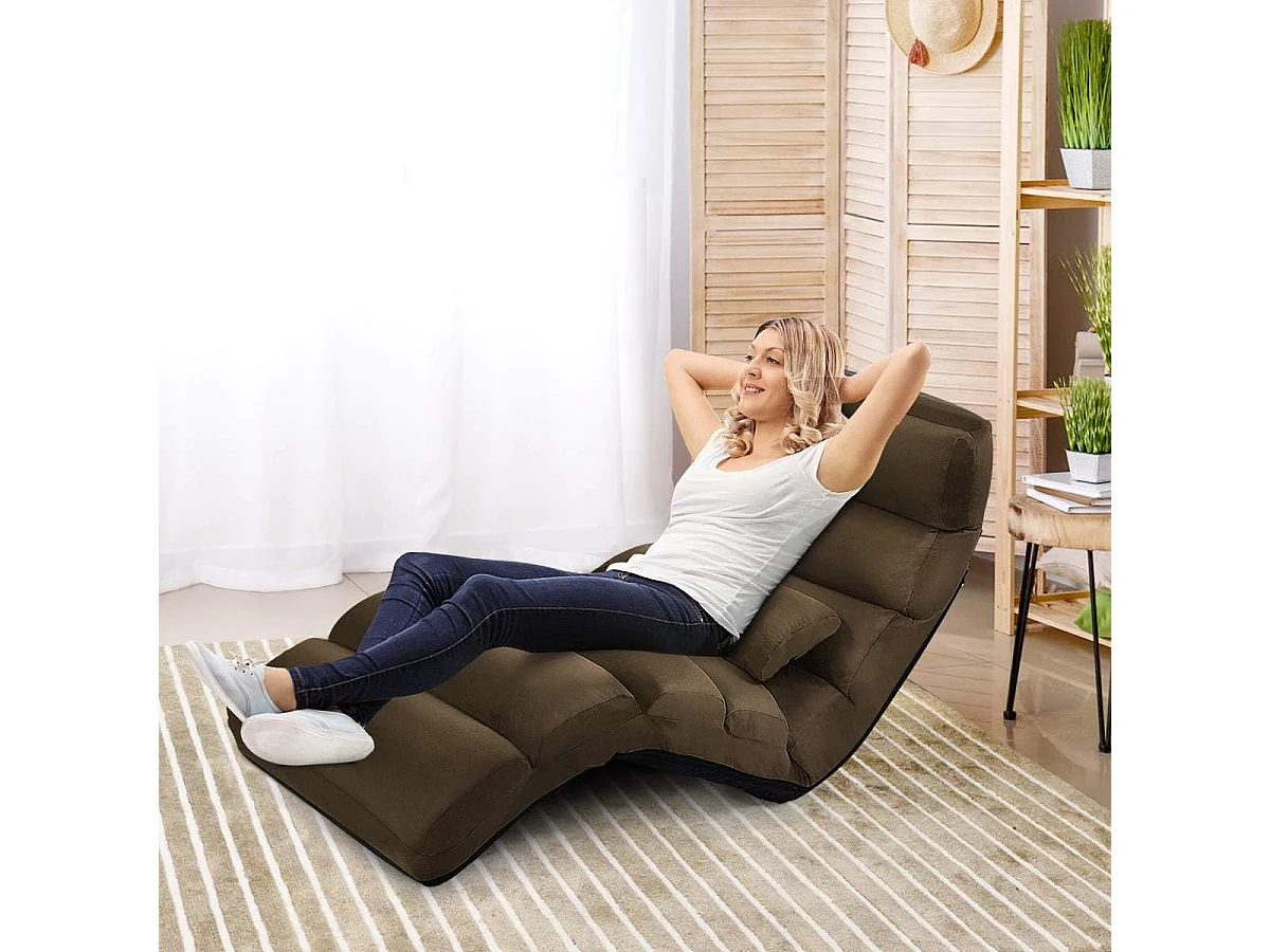 Fauteuil Relax Salon en Faux Daim Pliable, Réglable sur 5 Positions Chaise de Relaxation Rembourrée Fauteuil Sol pour Salon, Mobilier de Bureau, Chambre, Marron