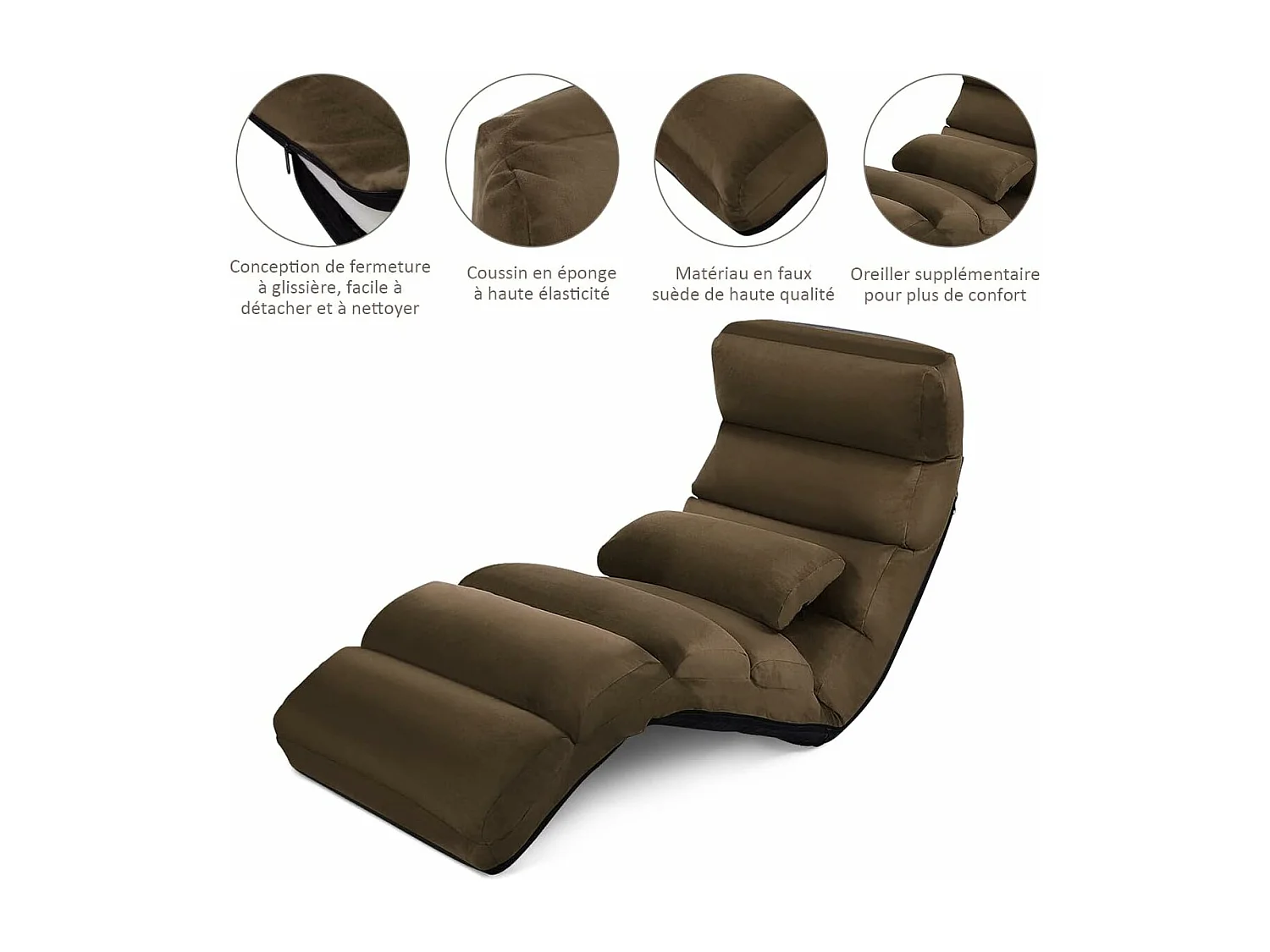 Fauteuil Relax Salon en Faux Daim Pliable, Réglable sur 5 Positions Chaise de Relaxation Rembourrée Fauteuil Sol pour Salon, Mobilier de Bureau, Chambre, Marron
