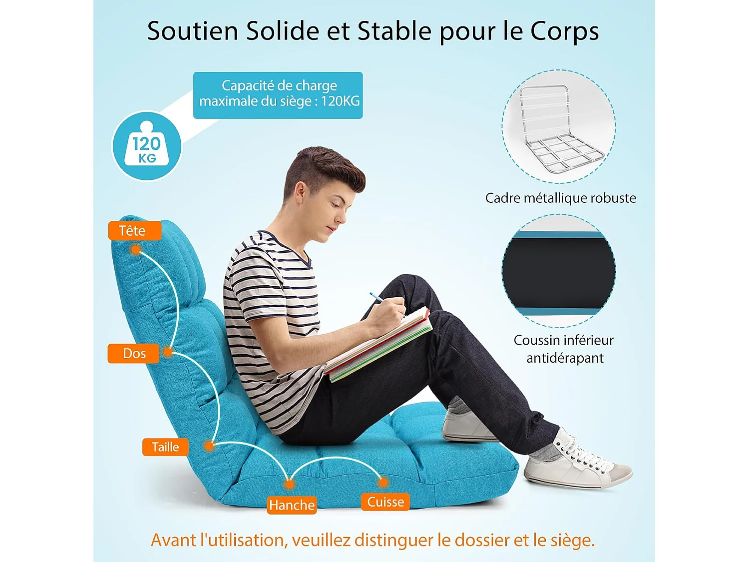 Canapé Paresseux Tatami Pliable Chaise de Plancher Coussin de Chaise de Lit Siège de Sol pour Maison, Bureau 105 x 57 x 15 CM (Bleu Poan)