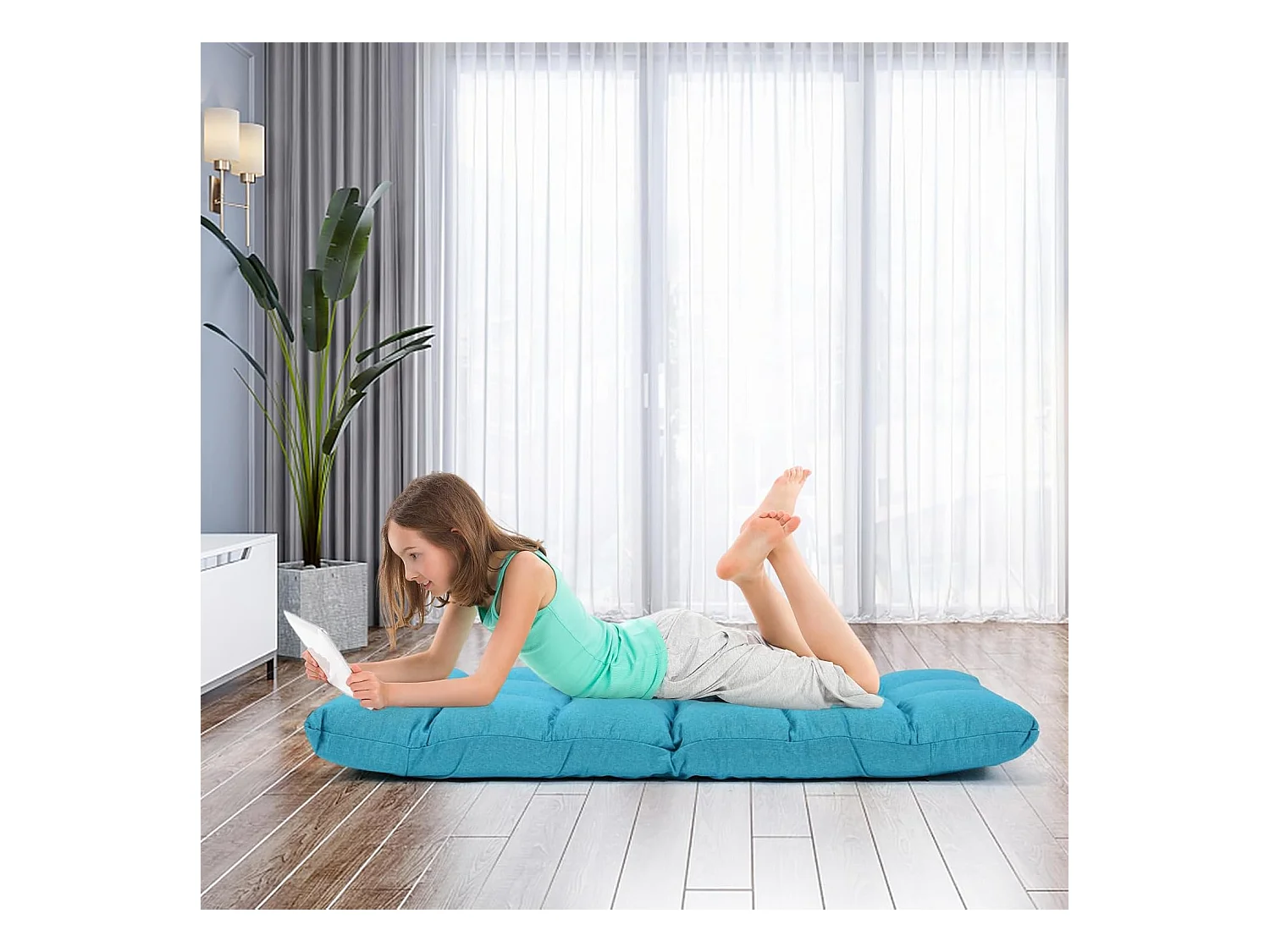 Canapé Paresseux Tatami Pliable Chaise de Plancher Coussin de Chaise de Lit Siège de Sol pour Maison, Bureau 105 x 57 x 15 CM (Bleu Poan)