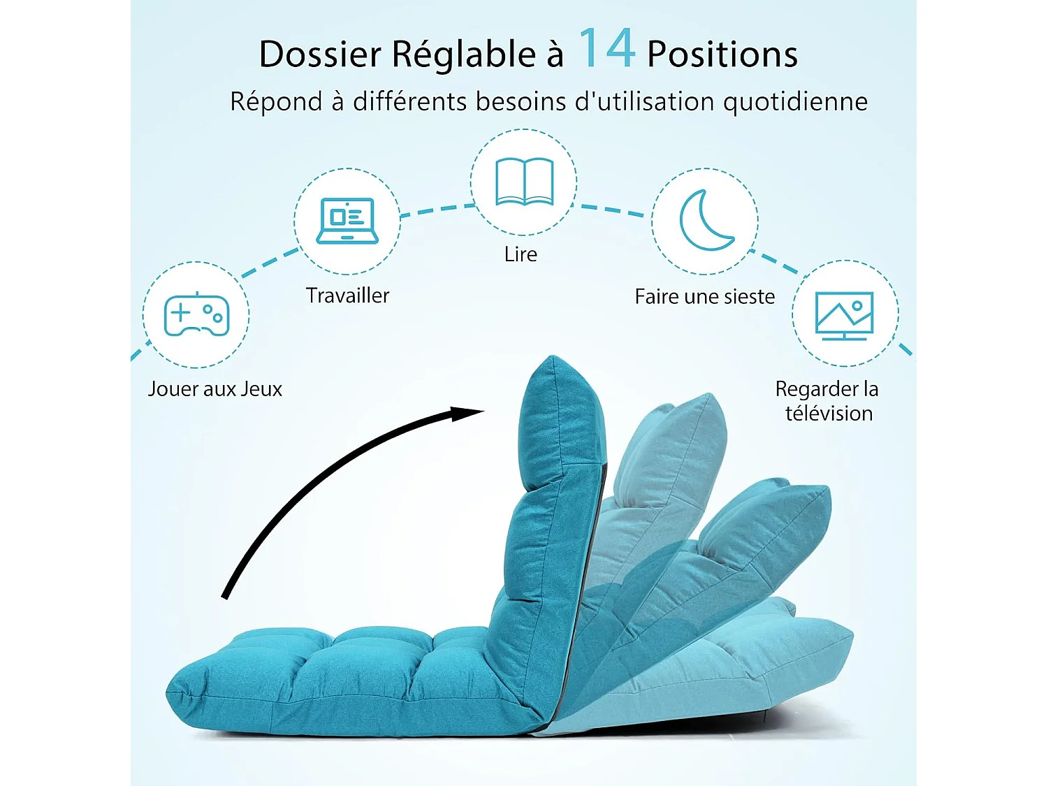 Canapé Paresseux Tatami Pliable Chaise de Plancher Coussin de Chaise de Lit Siège de Sol pour Maison, Bureau 105 x 57 x 15 CM (Bleu Poan)